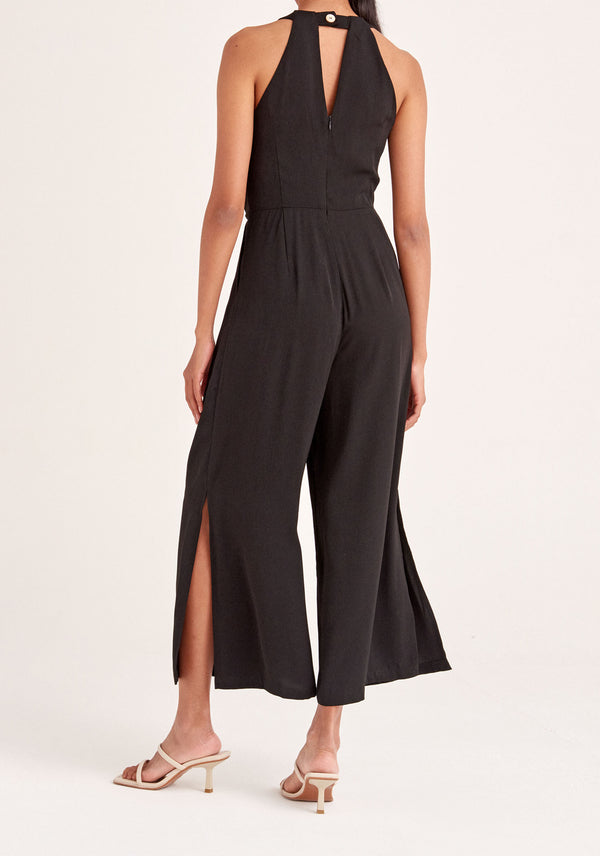 Paisie Detailed Waist Halterneck Jumpsuit in Black Back